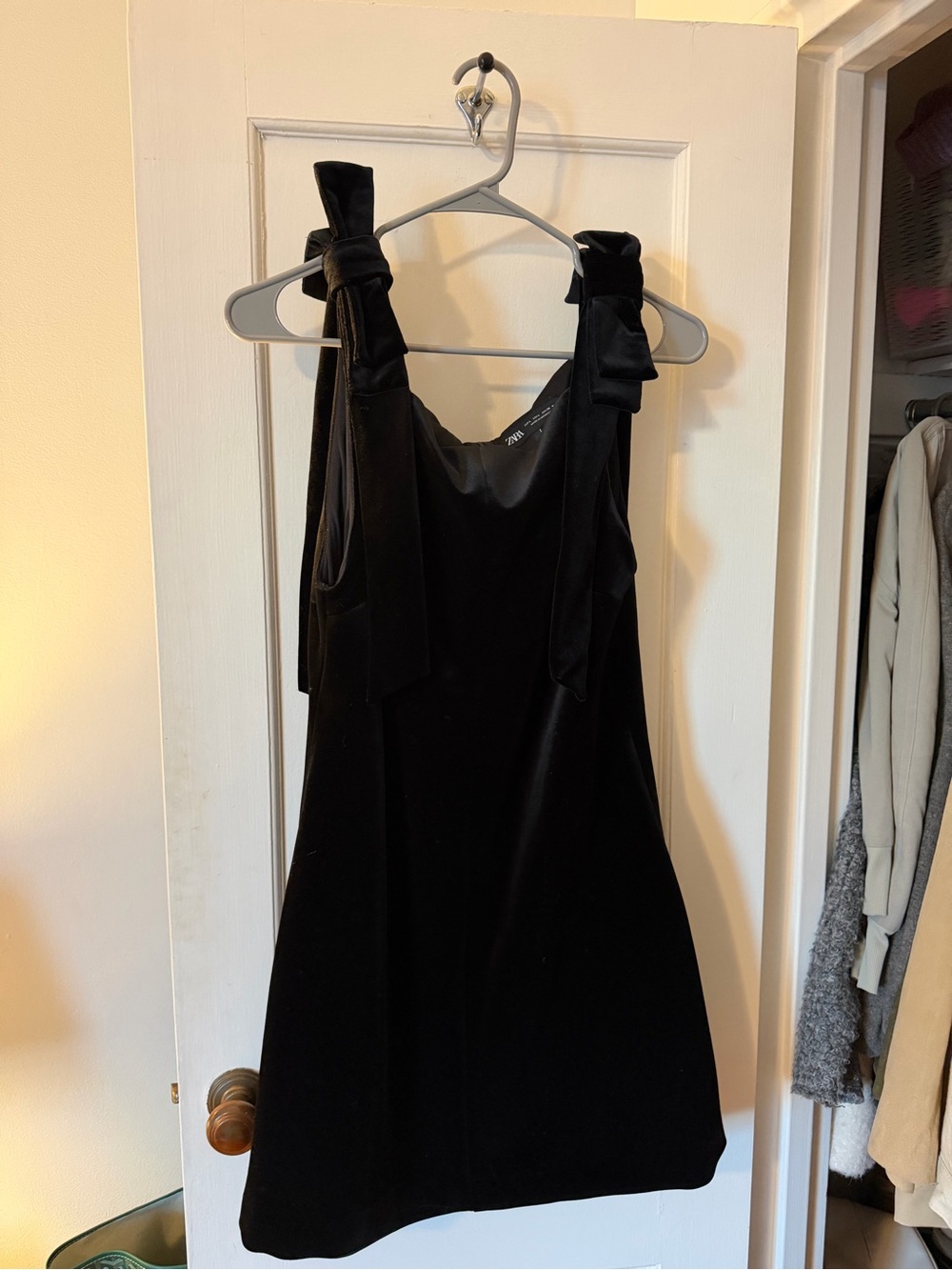 Zara Black Velvet Mini Dress with Tie-Shoulder Straps
